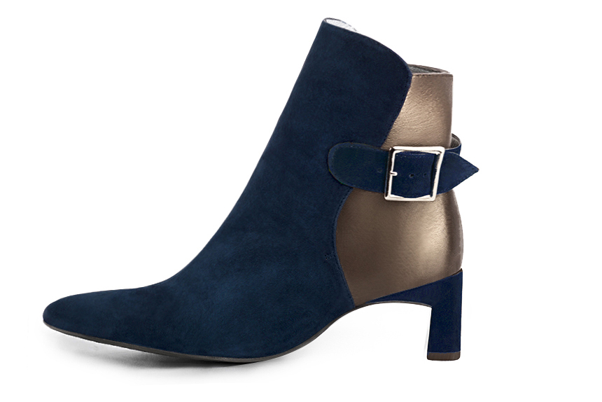 Navy blue and bronze gold women's ankle boots with buckles at the back. Tapered toe. Medium flare heels. Profile view - Florence KOOIJMAN